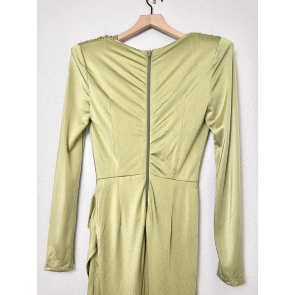 Bronx and Banco Olive Maxi Dress 6 Metallic Padded Shoulder Vneck Slit Surplice - Picture 10 of 12